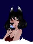  2017 black_hair breasts candy cat feline female food hair heart_nose hybrid hyena lollipop looking_at_viewer mammal peach_ring plum_(disambiguation) plum_(peach_ring) red_eyes red_shirt simple_background solo 