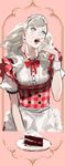  apron blonde_hair blue_eyes breasts cake cherry earrings food fruit highres jewelry long_hair maid_headdress medium_breasts neck_ribbon open_mouth persona persona_5 ribbon rr_(suisse200) solo takamaki_anne teeth tongue twintails wrist_cuffs 
