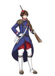  antique_firearm armor belt blue_eyes bolt_action boots brown_hair buttons chassepot_(senjuushi) firearm full_body gloves gun hand_on_hip hat holding holding_gun holding_weapon kinoshita_sakura male_focus medal military military_hat military_uniform mole mole_under_mouth official_art over_shoulder rifle senjuushi:_the_thousand_noble_musketeers shoulder_armor solo tachi-e thigh_boots thighhighs transparent_background uniform weapon weapon_over_shoulder white_footwear white_gloves 