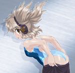  ass brown_eyes brown_hair brown_skirt competition_swimsuit cowboy_shot earmuffs from_behind looking_at_viewer one-piece_swimsuit pointy_hair short_hair skirt solo swimsuit touhou toyosatomimi_no_miko undressing winn 