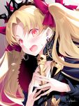  artist_name bangs blonde_hair blush bow buckle ereshkigal_(fate/grand_order) eyebrows_visible_through_hair fate/grand_order fate_(series) fur_trim hair_bow hands_up kousaki_rui long_hair looking_at_viewer open_mouth own_hands_together purple_bow red_eyes signature skull solo steepled_fingers sweatdrop tiara two_side_up 