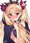  artist_name black_cape blonde_hair blurry blush cape closed_mouth depth_of_field detached_collar detached_sleeves earrings embarrassed ereshkigal_(fate/grand_order) eyebrows_visible_through_hair fate/grand_order fate_(series) fur_trim glint hair_ribbon jewelry long_hair long_sleeves looking_at_viewer matarou_(genkai_toppa) nose_blush purple_ribbon red_eyes ribbon signature simple_background single_sleeve skull solo tiara two_side_up upper_body v-shaped_eyebrows white_background 