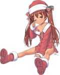  alternate_costume brown_eyes brown_hair collarbone full_body hat jiji kantai_collection libeccio_(kantai_collection) long_hair long_sleeves lowres official_art one_eye_closed santa_costume santa_hat solo transparent_background twintails 