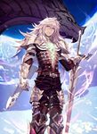  armor closed_mouth cloud commentary_request dark_skin dark_skinned_male dragon eis expressionless fate/apocrypha fate_(series) from_below gauntlets glowing glowing_tattoo greaves green_eyes highres long_hair male_focus pauldrons shoulder_pads siegfried_(fate) sky tattoo white_hair 