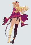  anklet ass asymmetrical_legwear bad_id bad_pixiv_id bangs black_panties blonde_hair blue_background cape commentary ereshkigal_(fate/grand_order) fate/grand_order fate_(series) from_behind jewelry long_hair looking_at_viewer looking_back open_mouth panties pink_cape red_eyes ryono_mizuki simple_background single_thighhigh solo standing sweatdrop thighhighs twintails underwear 