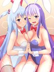  ;d animal_ears arukari asymmetrical_docking blue_hair bow bowtie breast_press breasts bunny_ears bunny_girl bunnysuit check_artist commentary_request detached_collar erina_(rabi-ribi) fishnets hair_bobbles hair_ornament holding_hands interlocked_fingers large_breasts long_hair looking_at_viewer multiple_girls noah_(rabi_ribi) one_eye_closed open_mouth purple_eyes purple_hair rabi-ribi single_thighhigh smile sparkle thighhighs two_side_up very_long_hair white_legwear wrist_cuffs 