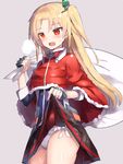  :d azur_lane bangs black_gloves blonde_hair blush breath cleveland_(azur_lane) cowboy_shot dress dress_lift eyebrows_visible_through_hair fang fingerless_gloves gloves grey_background heavy_breathing highres lifted_by_self long_hair one_side_up open_mouth panties red_eyes santa_costume side-tie_panties simple_background smile solo standing sweatdrop underwear white_panties xenonstriker 