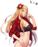  artist_name bangs blonde_hair breasts character_request cleavage commentary_request dungeon_and_fighter eyebrows_visible_through_hair flower groin hair_flower hair_ornament jacket large_breasts long_hair looking_at_viewer lud navel parted_lips red_eyes red_jacket simple_background solo stomach very_long_hair white_background 