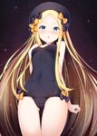  :o abigail_williams_(fate/grand_order) alternate_costume bangs black_bow black_hat blonde_hair blue_eyes bow breasts cameltoe chromatic_aberration covered_navel cowboy_shot fate/grand_order fate_(series) hat highres long_hair old_school_swimsuit one-piece_swimsuit orange_bow parted_bangs polka_dot polka_dot_bow school_swimsuit small_breasts solo sunsuke swimsuit 