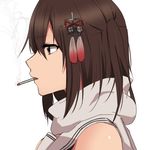  brown_eyes brown_hair cigarette hair_between_eyes kantai_collection mouth_hold remodel_(kantai_collection) rinto_(rint_rnt) sailor_collar scarf school_uniform sendai_(kantai_collection) serafuku short_hair simple_background smoke smoking solo two_side_up white_background white_sailor_collar white_scarf 