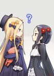  :o ? abigail_williams_(fate/grand_order) black_dress black_hair blonde_hair blue_eyes bow commentary_request crossover dress eye_contact fate/grand_order fate_(series) flat_chest flower forehead hair_bow hair_flower hair_ornament hat long_hair looking_at_another low_ponytail multiple_girls piripun princess_principal school_uniform simple_background sleeves_past_wrists stuffed_animal stuffed_toy toudou_chise trait_connection 
