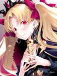  artist_name bangs blonde_hair blush bow buckle closed_mouth ereshkigal_(fate/grand_order) eyebrows_visible_through_hair fate/grand_order fate_(series) fur_trim hair_bow hands_up kousaki_rui long_hair looking_at_viewer own_hands_together purple_bow red_eyes signature skull smile solo steepled_fingers sweatdrop tiara two_side_up 