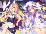  ;d blonde_hair book braid capelet hair_ribbon hat highres kedama_milk kirisame_marisa long_hair looking_at_viewer lying multiple_girls one_eye_closed open_mouth patchouli_knowledge purple_eyes purple_hair ribbon side_braid single_braid smile touhou tress_ribbon wince witch_hat yellow_eyes 