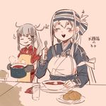  ainu_clothes apron belt black_gloves blue_hair blush borscht_(food) brown_gloves closed_eyes cup dish draniki dress facial_scar food fork gangut_(kantai_collection) glass gloves grey_hair hair_between_eyes hair_ornament hairclip headband itomugi-kun kamoi_(kantai_collection) kantai_collection long_hair looking_at_another multicolored_hair multiple_girls no_hat no_headwear open_mouth ponytail pot red_shirt remodel_(kantai_collection) scar scar_on_cheek shirt silver_hair simple_background smile spoon table white_hair 