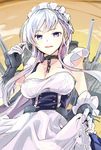  azur_lane bangs belfast_(azur_lane) blue_eyes blush braid breasts chain cleavage collar collarbone commentary_request eyebrows_visible_through_hair french_braid gloves highres large_breasts long_hair looking_at_viewer maid maid_headdress silver_hair smile solo tomozero turret 