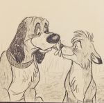  black_ears black_nose canine collar copper_(fath) disney dog duo feral flower fox fox_and_the_hound male mammal meertak object_in_mouth plant signature smile tod tod_(fath) traditional_media_(artwork) 