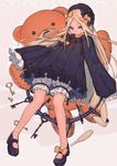  abigail_williams_(fate/grand_order) bangs black_bow black_dress black_footwear black_hat blonde_hair bloomers blue_eyes bow bug butterfly character_name closed_mouth commentary_request dress fate/grand_order fate_(series) hair_bow hat insect key lanzi_(415460661) long_hair long_sleeves looking_at_viewer mary_janes orange_bow parted_bangs polka_dot polka_dot_bow shoes sleeves_past_wrists smile solo stuffed_animal stuffed_toy teddy_bear underwear very_long_hair white_bloomers 