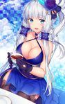  :d alternate_costume azur_lane bangs bare_arms bare_shoulders bell black_gloves black_legwear blue_dress blue_eyes blunt_bangs blush breasts checkered checkered_background cleavage collarbone criss-cross_halter cup dress drink eyebrows_visible_through_hair flower glint gloves hair_flower hair_ornament hair_ribbon hair_rings halter_dress halterneck holding holding_cup illustrious_(azur_lane) kayase large_breasts long_hair looking_at_viewer one_side_up open_mouth pearl plate purple_flower purple_rose ribbon rose shiny shiny_hair shiny_skin side_ponytail sidelocks silver_hair sitting sleeveless sleeveless_dress smile solo table tareme tea teacup thighhighs tress_ribbon 