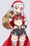  alternate_costume bag black_gloves breasts cape fate/grand_order fate_(series) gloves hat holding holding_bag long_hair medium_breasts midriff navel penthesilea_(fate/grand_order) pom_pom_(clothes) sack santa_costume santa_hat shorts silver_hair simple_background solo standing stroma thighhighs thighs underboob yellow_eyes 