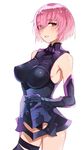  armor armored_dress bad_id bad_twitter_id bangs bare_shoulders black_armor breasts cowboy_shot dress eyebrows_visible_through_hair fate/grand_order fate_(series) gauntlets hair_over_one_eye large_breasts looking_at_viewer mash_kyrielight pink_hair pokan_(xz1128) purple_eyes short_dress short_hair simple_background solo white_background 