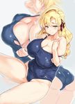  ass blonde_hair blue_swimsuit blush breasts cleavage closed_mouth collarbone commentary_request covered_nipples eyebrows_visible_through_hair green_eyes hair_ribbon hands_on_own_chest highres kiyama_satoshi large_breasts long_hair looking_at_viewer multiple_views old_school_swimsuit one-piece_swimsuit original plump revision ribbon school_swimsuit sitting strap_slip swimsuit wavy_hair 