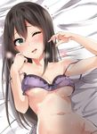  bare_shoulders blush bra breasts brown_hair cleavage collarbone cum cum_on_body facial green_eyes hair_between_eyes highres idolmaster idolmaster_cinderella_girls long_hair lying medium_breasts murabito_c navel on_back on_bed one_eye_closed open_mouth purple_bra shibuya_rin solo strap_slip tearing_up trembling underboob underwear wavy_mouth 