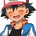  black_hair black_shirt closed_eyes kousuke_(ko_suke) male_focus pokemon pokemon_(anime) pokemon_m21 satoshi_(pokemon) shirt simple_background smile solo upper_body whisker_markings white_background 