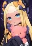  :o abigail_williams_(fate/grand_order) bangs black_background black_bow black_dress black_hat blonde_hair blue_eyes blush bow commentary_request dress fate/grand_order fate_(series) hair_bow hat head_tilt lo_xueming long_hair long_sleeves looking_at_viewer object_hug orange_bow parted_bangs parted_lips polka_dot polka_dot_bow simple_background sleeves_past_wrists solo stuffed_animal stuffed_toy teddy_bear 