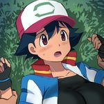  black_hair blush breasts brown_eyes collarbone fingerless_gloves genderswap genderswap_(mtf) gloves hat jacket large_breasts lying mushi_gyouza open_mouth pinned pokemon pokemon_(anime) pokemon_m21 satoshi_(pokemon) short_hair upper_body 