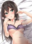  bare_shoulders blush bra breasts brown_hair cleavage collarbone commentary_request green_eyes hair_between_eyes highres idolmaster idolmaster_cinderella_girls long_hair lying medium_breasts murabito_c navel on_back on_bed parted_lips purple_bra shibuya_rin solo strap_slip underboob underwear 
