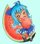  ahoge bloomers blue_hair blue_wings bow chamaji chibi cirno commentary dress eating eyebrows_visible_through_hair food frills fruit hair_between_eyes hair_bow highres ice ice_wings mary_janes puffy_short_sleeves puffy_sleeves round_teeth shoes short_hair short_sleeves simple_background socks solo tanned_cirno teeth touhou underwear watermelon wet wings 