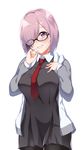  ;d black-framed_eyewear black_dress black_legwear blush breasts cowboy_shot dress eyebrows_visible_through_hair eyes_visible_through_hair fate/grand_order fate_(series) glasses grey_jacket grin hair_over_one_eye hand_on_own_chest hand_on_own_face hands_up head_tilt highres jacket large_breasts long_sleeves looking_at_viewer mash_kyrielight necktie one_eye_closed open_clothes open_jacket open_mouth pantyhose pink_hair purple_eyes red_neckwear shiny shiny_hair short_hair simple_background smile spicy_moo standing tareme teeth track_jacket white_background wing_collar 