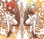  androgynous black_neckwear black_shorts diamond_(houseki_no_kuni) elbow_gloves gem_uniform_(houseki_no_kuni) gloves houseki_no_kuni leg_hug long_hair mercury multicolored_hair multiple_others necktie rami_nt red_eyes red_hair shinsha_(houseki_no_kuni) shirt short_hair short_sleeves shorts thighhighs white_gloves white_legwear white_shirt 