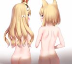  absurdres animal_ears ass azur_lane back bangs black_hairband blonde_hair blue_eyes blush bow brown_background cat_ears closed_mouth commentary_request crown eyebrows_visible_through_hair flat_ass from_behind gradient gradient_background hair_bow hairband highres long_hair looking_at_viewer looking_back mini_crown multiple_girls nedia_(nedia_region) nude profile purple_eyes queen_elizabeth_(azur_lane) short_hair_with_long_locks shoulder_blades sidelocks striped striped_hairband take_your_pick warspite_(azur_lane) white_background white_bow 