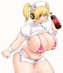  1girl blonde_hair blush bra breasts cleavage hat headphones huge_breasts looking_at_viewer mascot nitroplus nurse nurse_cap open_clothes open_mouth orange_eyes panties plump short_hair smile solo super_pochaco syringe thick_thighs twintails unbuttoned underwear 
