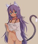  :o ahoge animal_ears ass_visible_through_thighs bangs black_bra blue_eyes blush bottomless bra brown_background buckle cat_ears cat_tail collar commentary_request cowboy_shot dark_skin done_(donezumi) eyebrows_visible_through_hair groin highlights lifted_by_self long_hair looking_at_viewer multicolored_hair navel no_panties off_shoulder original parted_lips purple_hair pussy see-through shirt shirt_lift simple_background solo standing tail tareme uncensored underwear very_long_hair white_shirt 