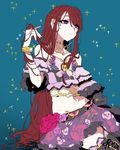  aikatsu! aikatsu!_(series) aqua_background bad_id bad_pixiv_id bare_shoulders boots bracelet brown_hair cowboy_shot crop_top eyes_visible_through_hair frilled_skirt frills hair_over_one_eye holding holding_hair idol jewelry long_hair looking_away mgn0isi midriff navel purple_eyes shibuki_ran simple_background sitting skirt solo sparkle_background thigh_boots thighhighs very_long_hair zettai_ryouiki 