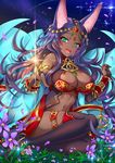  animal_ears aqua_eyes breasts bridal_gauntlets cleavage commentary_request dark_skin fate/grand_order fate_(series) gem head_chain jewelry large_breasts long_hair looking_at_viewer navel open_mouth purple_hair queen_of_sheba_(fate/grand_order) smile solo tan uchuu_gorira 