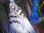  blood blue_eyes blue_gloves blue_ribbon eyebrows_visible_through_hair gloves long_hair platina_pastener ponytail ribbon very_long_hair white_hair wire 