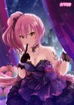  black_gloves breasts choker cleavage curtains dress eyelashes finger_to_mouth gloves idolmaster idolmaster_cinderella_girls idolmaster_cinderella_girls_starlight_stage jougasaki_mika long_hair looking_at_viewer medium_breasts muraiaria pink_hair purple_dress side_ponytail smile solo tattoo yellow_eyes 