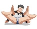  1boy ass barefoot blush bulge crotch feet full_body lying male_focus natsuki_subaru re:zero_kara_hajimeru_isekai_seikatsu solo sweat tagme toes underwear yunomi_(artist) 