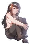  black_hair black_legwear blush bow_(bhp) closed_mouth convenient_arm fetal_position hair_ornament long_hair looking_at_viewer pantyhose red_eyes topless 