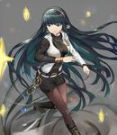  belt black_footwear boots breasts cleopatra_(fate/grand_order) fate/grand_order fate_(series) green_eyes green_hair grey_background high_heel_boots high_heels highres jewelry knee_boots long_hair medium_breasts mosta_(lo1777789) pantyhose pantyhose_under_shorts ring smile solo very_long_hair vest 