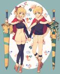  1girl ahoge arthur_pendragon_(fate) artoria_pendragon_(all) boots capelet ebine_(ebinedayo) excalibur excalibur_(fate/prototype) fate/grand_order fate/prototype fate/prototype:_fragments_of_blue_and_silver fate/unlimited_codes fate_(series) floral_background fur_trim green_background green_eyes highres holding_hands oval ponytail ribbed_sweater ribbon saber_lily santa_costume santa_lily shorts smile sweater white_shorts younger 