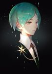  androgynous aqua_eyes aqua_hair bangs black_background black_neckwear chain closed_mouth expressionless eyebrows_visible_through_hair gem_uniform_(houseki_no_kuni) gold_chain gradient gradient_background half-closed_eyes houseki_no_kuni light_particles looking_away necktie parted_bangs phosphophyllite shatter shiny shiny_hair short_hair solo songjikyo tie_clip tsurime upper_body 