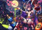  armpits bottle breasts cloud cloudy_sky collarbone commentary_request cup fangs fate/grand_order fate_(series) flower full_body full_moon hand_up horns japanese_clothes kimono lantern looking_at_viewer moon mountain night obi oni oni_horns open_mouth oriental_umbrella outdoors paper_lantern petals pink_flower pouring purple_eyes purple_hair purple_kimono revealing_clothes sakazuki sake_bottle sash shide short_hair shuten_douji_(fate/grand_order) sitting sky small_breasts smile solo spread_legs tako_seijin thick_eyebrows tsurime umbrella 