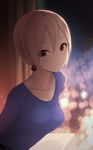  :3 black_eyes blue_shirt blurry blurry_background blush bokeh breasts cait closed_mouth collarbone commentary_request curtains depth_of_field earrings grey_hair hair_between_eyes highres idolmaster idolmaster_cinderella_girls indoors jewelry leaning_forward long_sleeves looking_at_viewer medium_breasts night night_sky shiomi_shuuko shirt short_hair sidelocks silver_hair sky smile solo window 