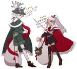  amakusa_shirou_(fate) antlers black_legwear boots brown_footwear cape child cross-laced_footwear crossdressing deer_tail edmond_dantes_(fate/grand_order) fate/apocrypha fate_(series) fur_trim green_cape green_shorts lace-up_boots long_hair looking_at_viewer male_focus multiple_boys ponytail red_cape red_eyes santa_costume santa_lily school_uniform serafuku shorts simple_background skirt sock_garters socks sword thighhighs weapon white_background white_hair white_legwear yellow_eyes younger 