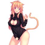  :o animal_ears artist_self-insert bangs black_sweater blonde_hair blush bottomless breasts cat_cutout cat_ears cat_tail cleavage cleavage_cutout clothes_tug colored_eyelashes contrapposto covered_nipples ears_down embarrassed eyebrows_visible_through_hair fang fast-runner-2024 hair_between_eyes highres kemonomimi_mode large_breasts long_hair long_sleeves looking_at_viewer meme_attire no_panties open-chest_sweater open_mouth original red_eyes shiny shiny_hair shiny_skin simple_background solo standing sweater sweater_tug tail tiffy white_background 