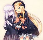 :d abigail_williams_(fate/grand_order) bags_under_eyes bangs beige_background black_bow black_dress black_hat blonde_hair bloomers blue_eyes blush bow bug butterfly closed_mouth commentary_request dress eye_contact eyebrows_visible_through_hair fate/grand_order fate_(series) hair_bow hat horn insect kubyou_azami lavinia_whateley_(fate/grand_order) long_hair long_sleeves looking_at_another looking_at_viewer multiple_girls object_hug open_mouth orange_bow own_hands_together parted_bangs pink_eyes polka_dot polka_dot_bow simple_background sleeves_past_wrists smile stuffed_animal stuffed_toy teddy_bear underwear very_long_hair white_bloomers wide-eyed 